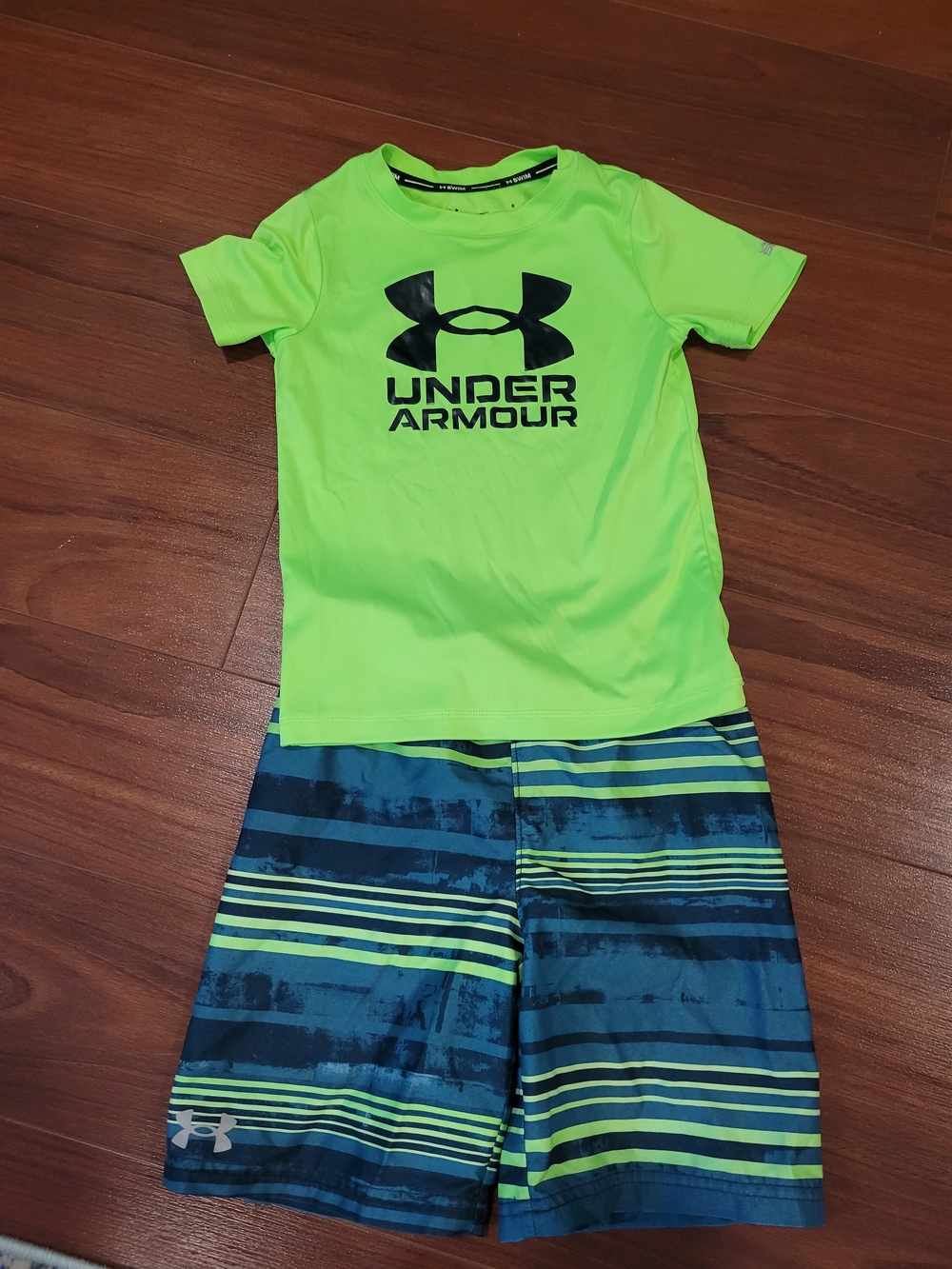 Under Armour Neon Green Logo Tee with Blue & Neon Stripe Board Shorts